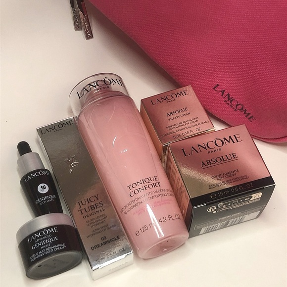 New Lancome 7-Piece Absolue Genifique Skincare Makeup Set Pink Bag - Picture 2 of 5